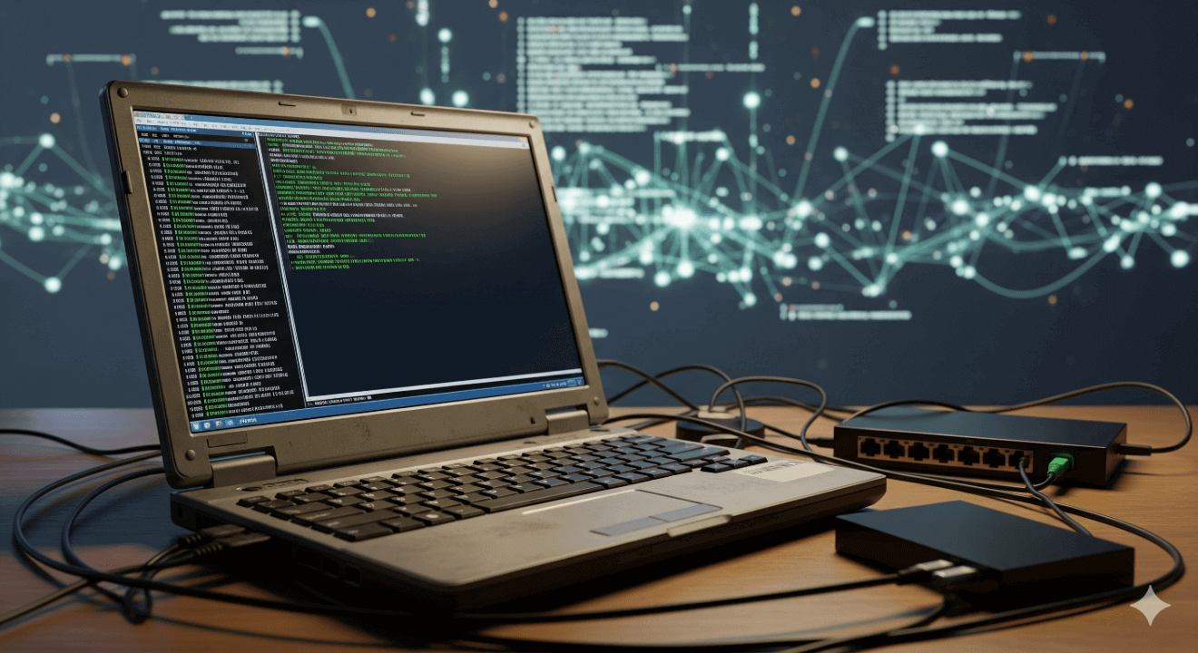 An old laptop being used as a homelab server, sitting on a desk with its screen displaying a command-line interface. It is connected to a network switch, with a glowing data network graphic in the background.