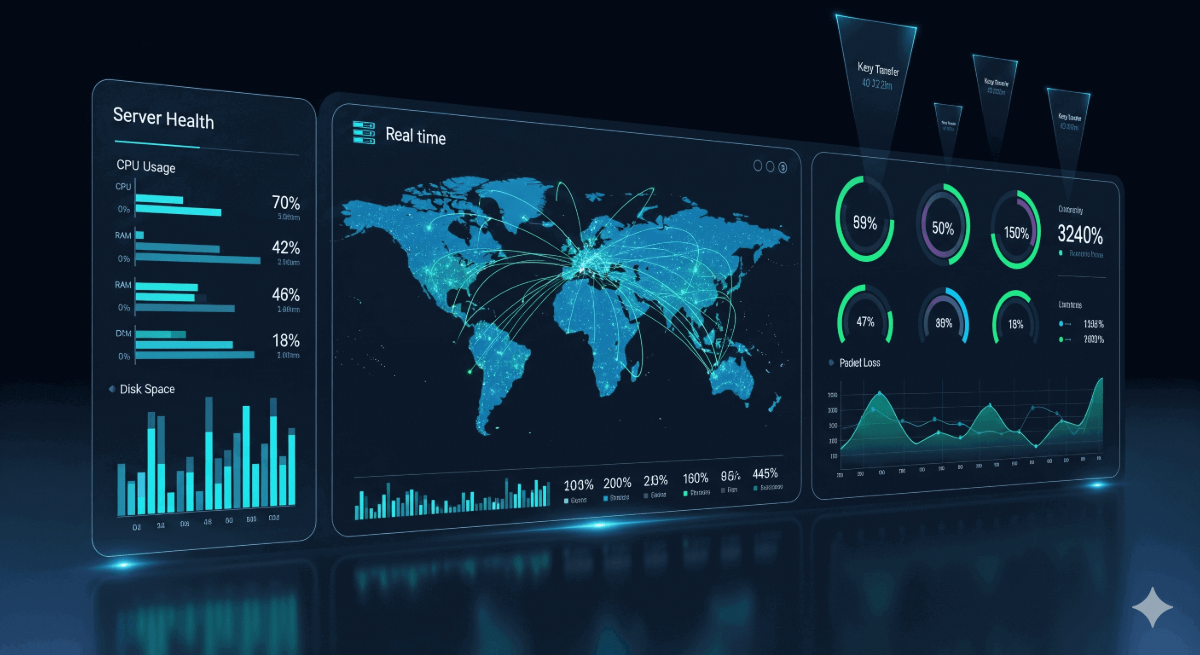 A futuristic data dashboard with multiple glowing panels showing server health statistics, a real-time world network map, and performance graphs, representing a monitoring stack built with Grafana and Prometheus.